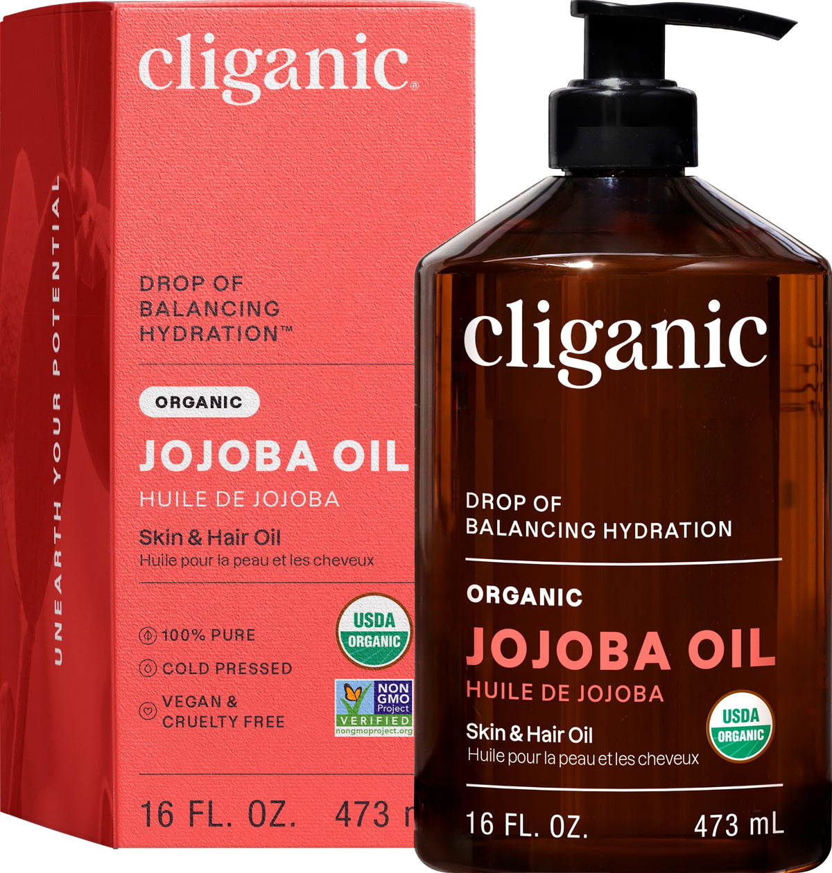 Cliganic Organic Jojoba Oil, 100% Pure Cold Pressed for Face & Hair, 128oz