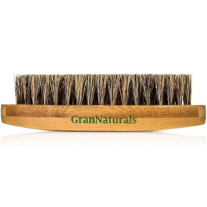 GranNaturals Military Style Boar Bristle Hair Brush for Men and Boys - Palm Size Hairbrush and Beard Brush for Grooming Thin, Fine, Facial and Short Hair - Soft Bristle Slick Back & Smoothing