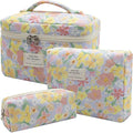 Gosect 3pc Makeup Bag Set, Quilted Makeup Bag Set, Large Floral Cosmetic Bag for Women, Cute Cotton Makeup Bags, Flower Travel Toiletry Organizer Bag (Large Flower)