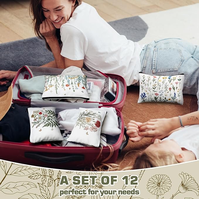 Sweetude 12 Pcs Flower Makeup Bags Bulk Portable Travel Cosmetic Bags with Zipper Wildflower Floral Waterproof Roomy Travel Toiletry Organizer Storage Pouch for Women Birthday Party Gifts