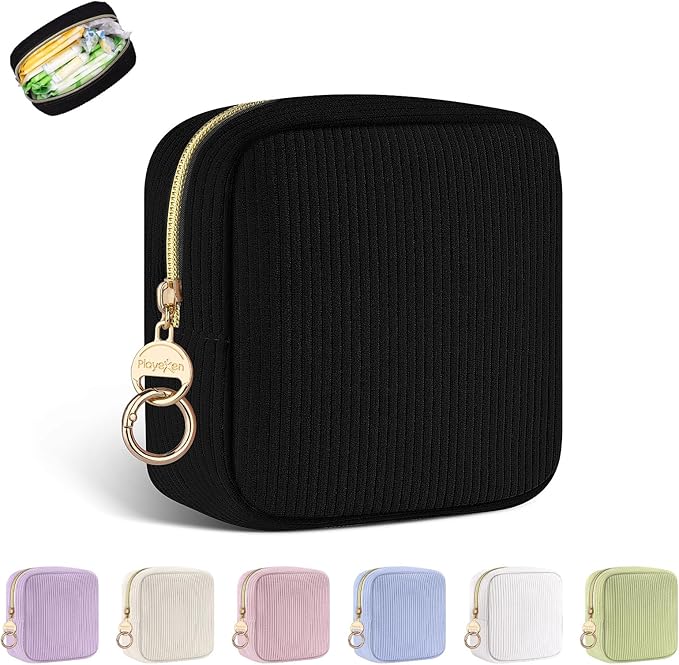 Playexen Period Bag for Purse, Corduroy Sanitary Napkin Storage Bag, Black