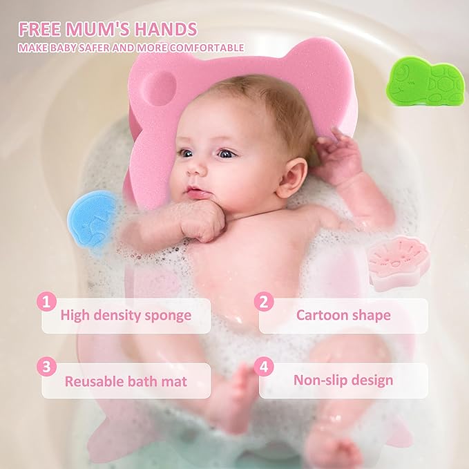 Baby Bath Sponge, Infant Comfy Soft Bath Sponges Mat, Natural Cute Shapes Skid-Proof Bathing Cushion for Toddler & Newborn, 4pcs Shape Style: Blue Dolphin, Pink Shell, Green Turtle and Big Pink Frog