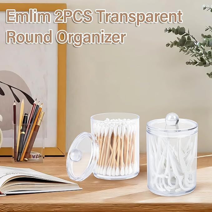 Emlim Clear Bathroom Organizer with Lid - 2-Pack Cotton Ball and Cotton Swab Storage Tins for Vanity Storage