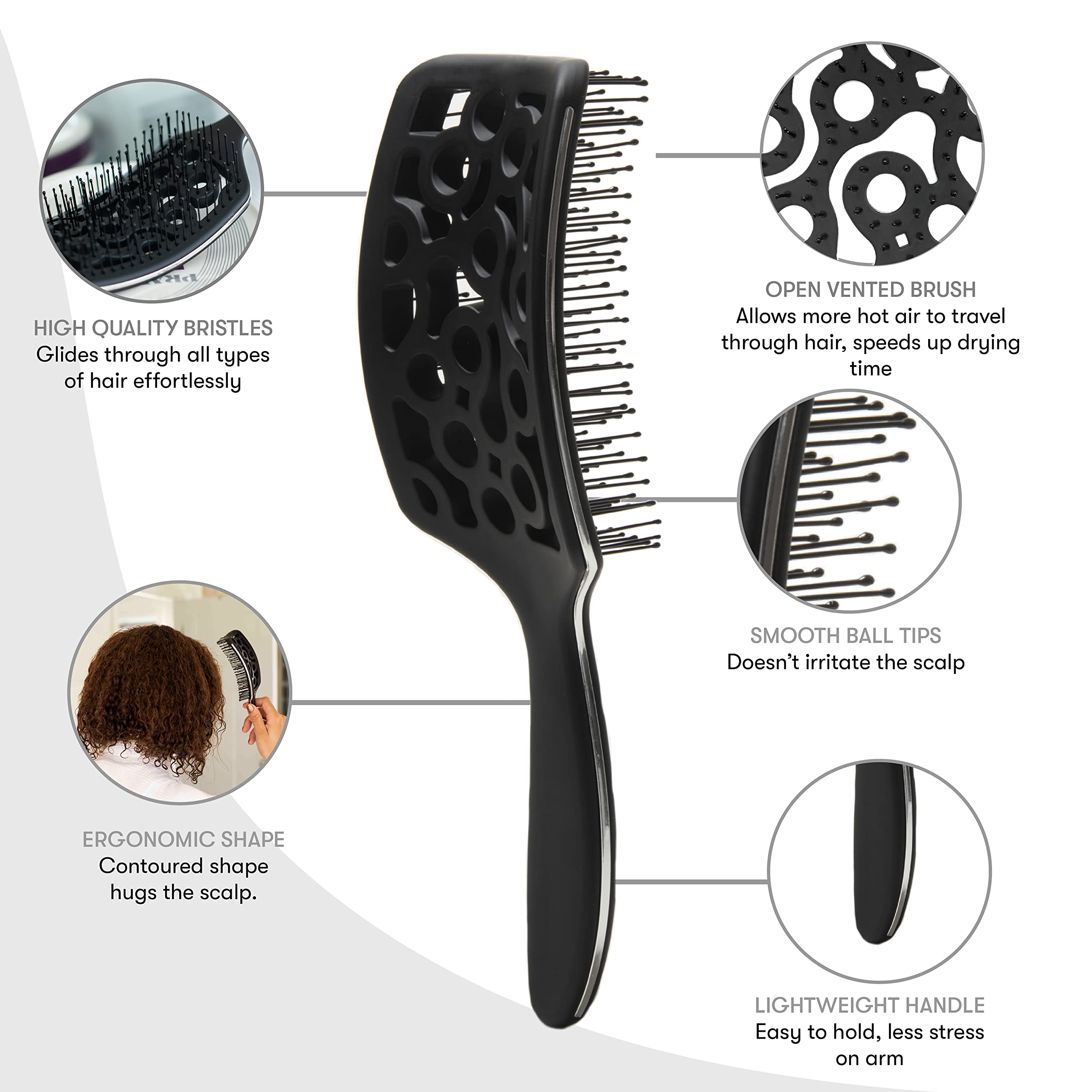 FRAMAR Professional Vented Hair Brush – Curved Hair Brush For Blow Drying, Wet Paddle Brush For Hair, Vent Brush For Blow Drying, Wet Hairbrush For Women – Heat Resistant - Black