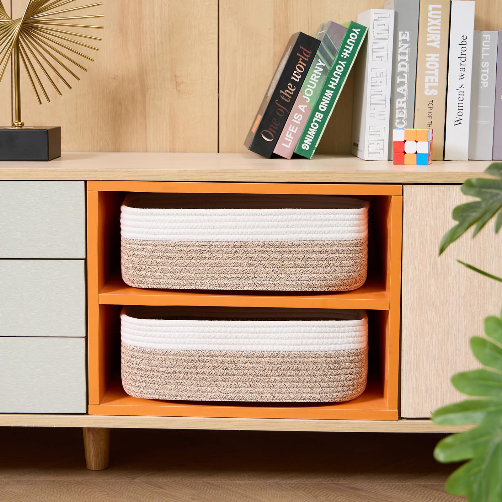 MiniArk Large Shallow Organizing Baskets 15x11x5.1 Inches - Rope Woven Storage Bins for Bathroom, Shelves, Cube Closet, White Mixed Brown 2 Packs