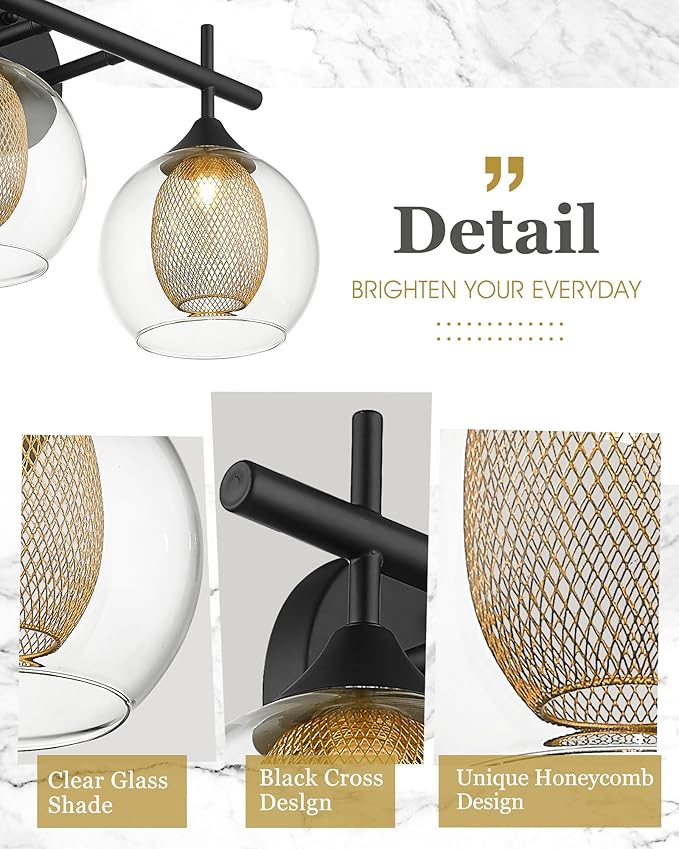 Bathroom Light Fixtures, 4-Light Black and Gold Vanity Lights Over Mirror, 30inch Farmhouse Wall Sconce Lighting with Clear Glass and Honeycomb Metal Shade, AD-22001-4W-BK