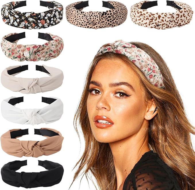 DRESHOW 8 Pack Knotted Headbands for Women Wide Turban Headband Printed Plastic Head Band Fashion Boho Hairbands Non Slip Hair Accessories