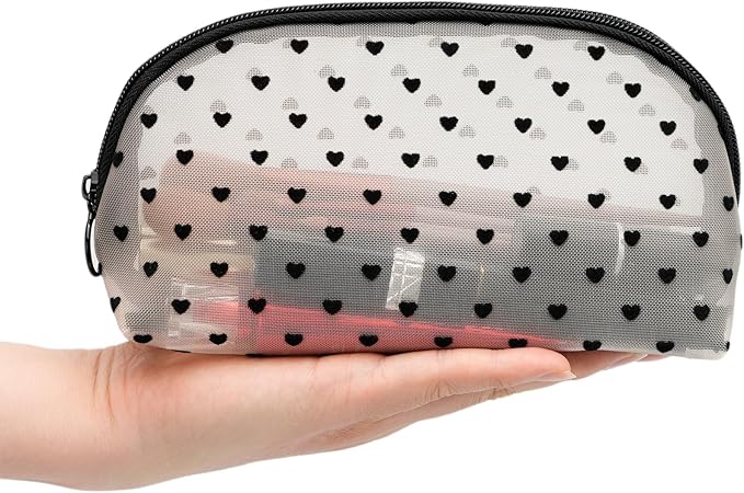 TOPASION Portable Mesh Makeup Bag with Zipper Small Travel Toiletry Bag Lightweight Cosmetic Pouch (Beige&Black Heart Half Round)
