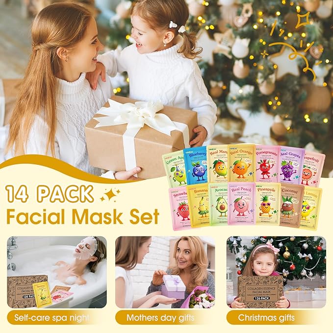 126 Pack Sheet Hydrating Face Masks Skincare for Women, Bulk Fruit Face Mask Skin Care for Kids, Facial Masks Set for All Skin Types, Sleepover Party Supplies, Spa Party Supplies for Girls Teens