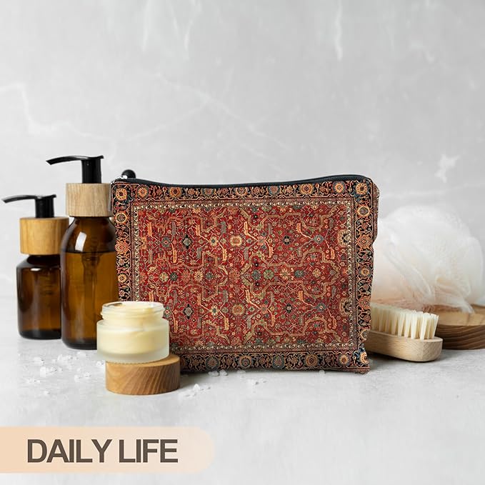 RYYCDOI Vintage Boho Tribal Makeup Bag, Traditional Red Rug Style Makeup Bag, Vintage Retro Ethnic Pattern Cosmetic Bag Gifts for Women Friends