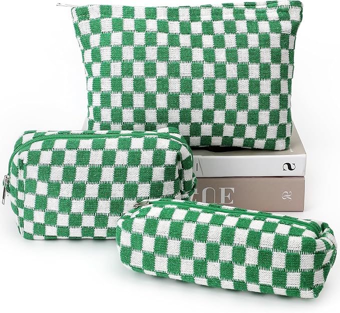 Gocvo 3 Pcs Makeup Bag Cosmetic Bag Set for Girls Women Checkered Travel Organizer Bathroom Toiletry Pouch Large Capacity Storage Bag(Green-White)