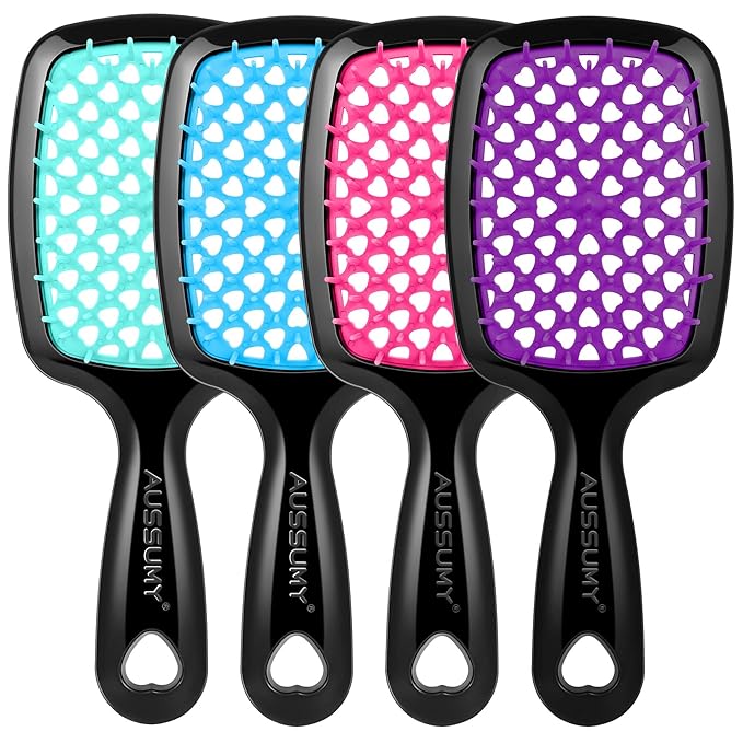 Aussumy 4 Pack Vented Detangling Hair Brush - Detangler Hairbrush with Soft Bristles for Effortless Tangle Free - Ideal for Wet Dry or Curly Damaged Hair for Women Men Kids
