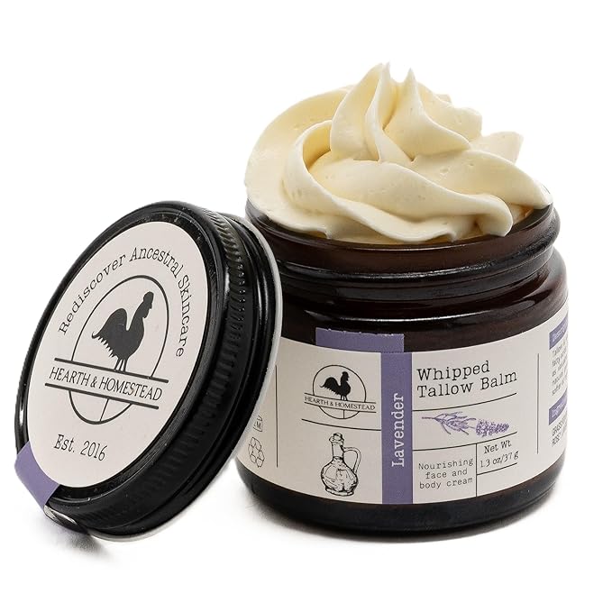 Hearth & Homestead Whipped Beef Tallow for Skin & Face, 100% Grass Fed, Eczema Cream & Body Butter, Organic Olive Oil, Calendula & Rose, Lotion & Hand Moisturizer for Dry Skin, Lavender, 1.3oz