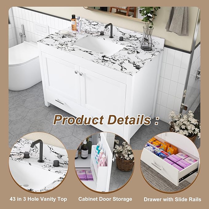 Montary 42" Bathroom Vanity with 43" Artificial Marble Black White Top, Modern Stylish MDF Bathroom Storage Cabinet, Vanity Set with 2 Doors and One Large Divided Drawer, White (Three Holes)