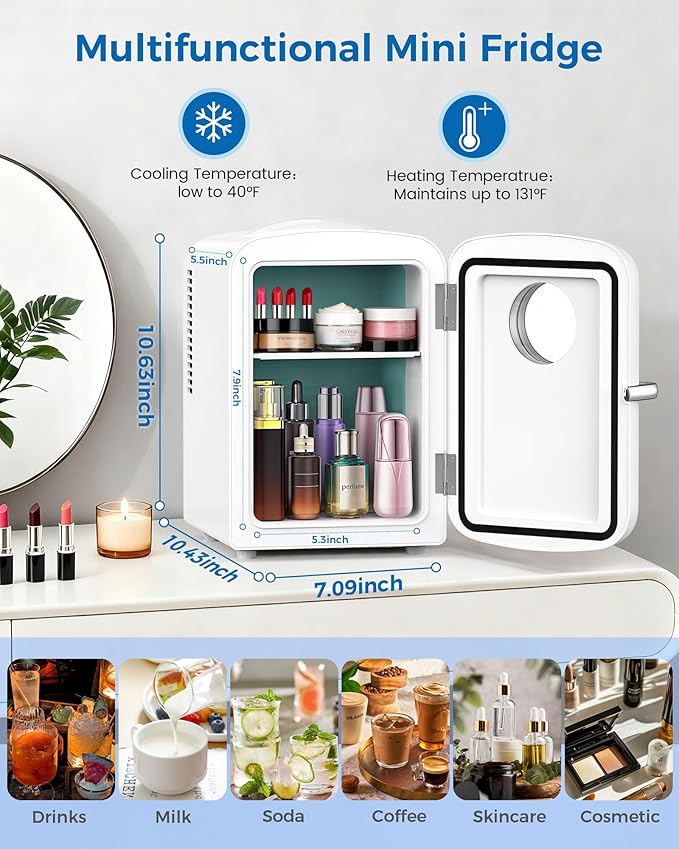 Electactic Mini Fridge for Skincare, 4L/6 Cans Small Cosmetic Fridge for Makeup & Drink, With Observation Window, Portable Desk Fridge Cooler and Warmer for Kids, Bedroom, Countertop, White