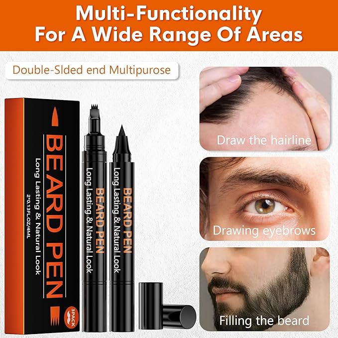 3-Pack Beard Pen Filler for Men, Waterproof & Sweat Proof Long-Lasting Beard Pen Kit with 2 Fillers & 1 Double-Headed Brush – Effectively Enhances Facial Hair (Brown)