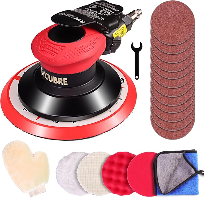 Rycubre pneumatic Air Sander 5/6 Inch DA Palm Sander for auto body, High Speed Random Orbital Sander for Woodworking & Auto Polishing (6 Inch)