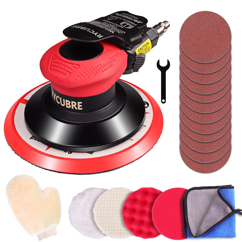 Rycubre pneumatic Air Sander 5/6 Inch DA Palm Sander for auto body, High Speed Random Orbital Sander for Woodworking & Auto Polishing (6 Inch)