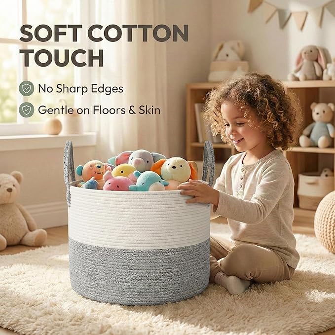 65L Extra Large Blanket Basket for Living Room - Woven Cotton Rope Laundry Hamper with Reinforced Handles - Storage Bin for Pillows, Comforters & Toys - Machine Washable,White&Grey