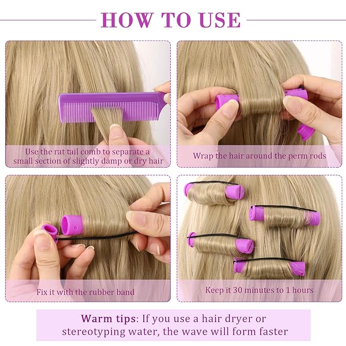 WILLBOND 36 Pieces Cold Wave Rod Hair Perm Rods Hair Rollers Perming Curlers with Steel Rat Tail Comb for Hairdressing Styling