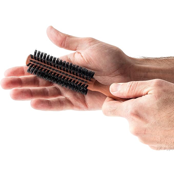 ZilberHaar - Styler Hair and Beard Round Brush - 1.3 Inch Stiff Boar Bristles and 8.5 Inch Pearwood Handle - 222 Plugs of Bristles - Beard Grooming Brush for Men