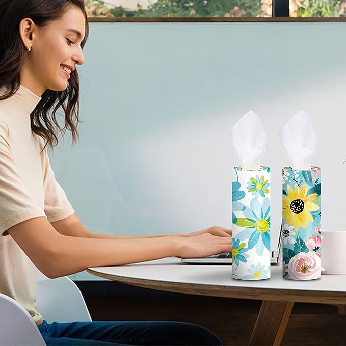 4-Pack Car Tissue Cylinders - Cute Floral Pattern, Fits Cup Holders, Travel Tissue Tubes with Facial Tissues (Cute Floral)