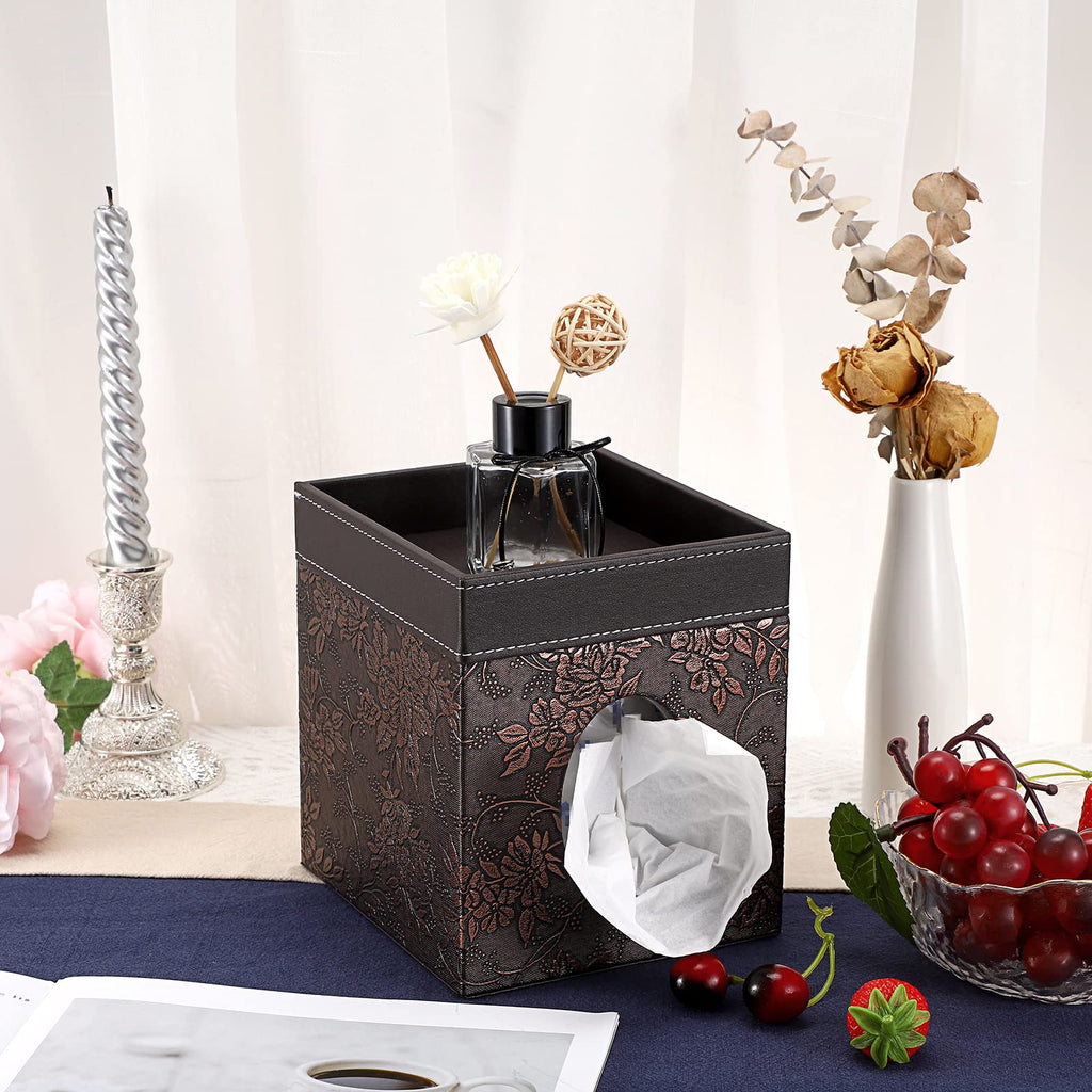 Sumnacon Leather Square Tissue Box Cover - Decorative Cube Tissue Box Holder with Tray, Stylish Facial Tissue Holder for Bathroom Vanity Dresser Table Home Office Bar, Brown Flower