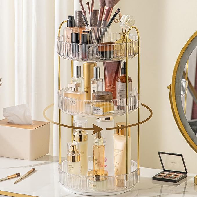 Aveniee 360° Rotating Makeup Organizer for Vanity, Upagraded Perfume Skincare Bathroom Counter Organizers with Brush Divider, 3 Tier Spinning Lipstick Cosmetic Lotion Storage