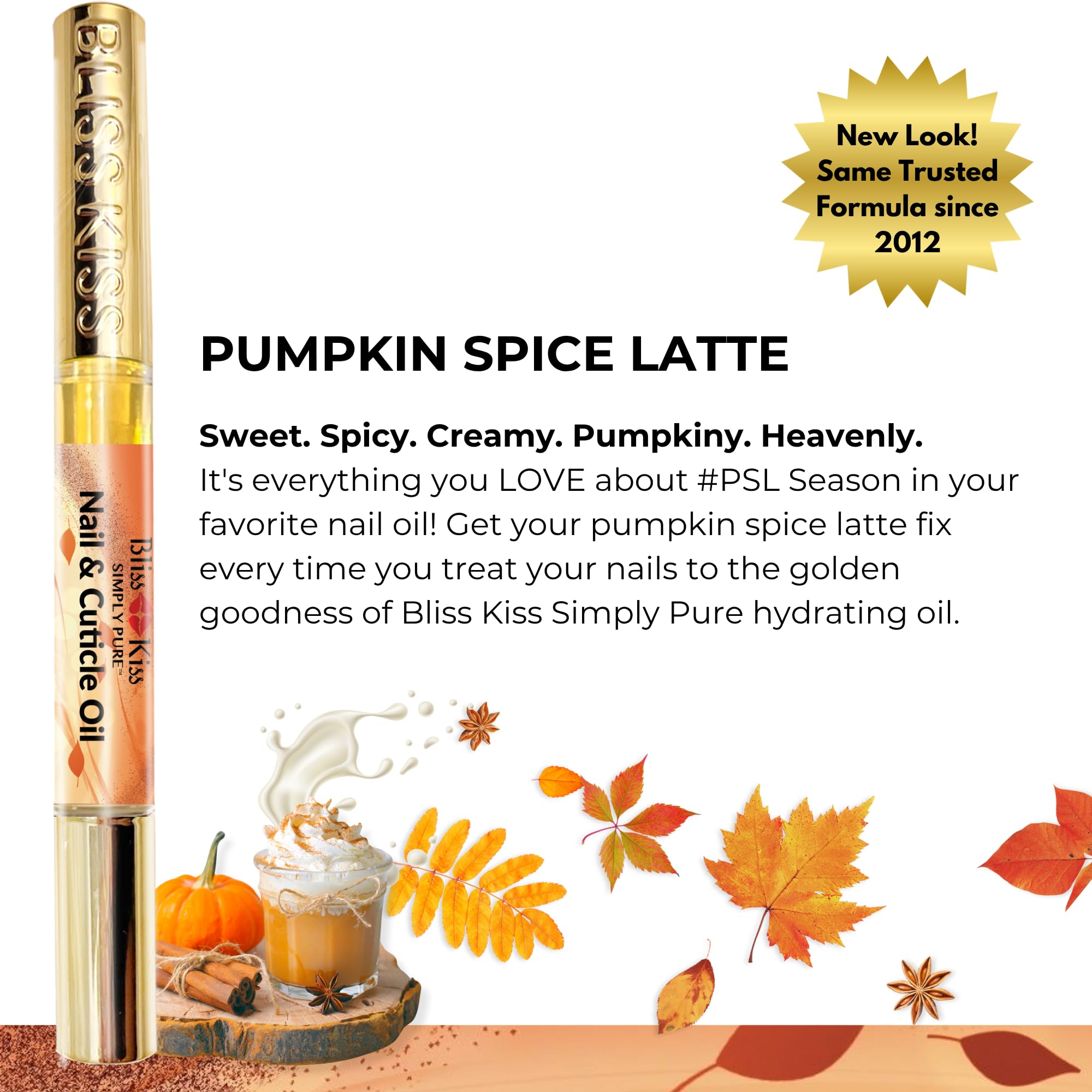 Bliss Kiss | 4 Pumpkin Spice Latte Scent Nail | Oil Cuticle Pen w/Vitamin E & Jojoba⏤Nail Strengthener Nail Growth Serum for Brittle Peeling Breaking Thin Nails