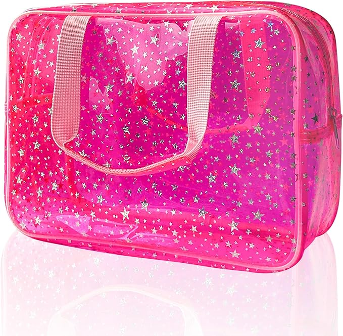 TotePrint Hot Pink Star Large Cosmetic Bag 12x5x8 inch Travel Pouch with Handle,Durable PVC Material,Zipper Design-Ideal for Makeup,Travel Essentials