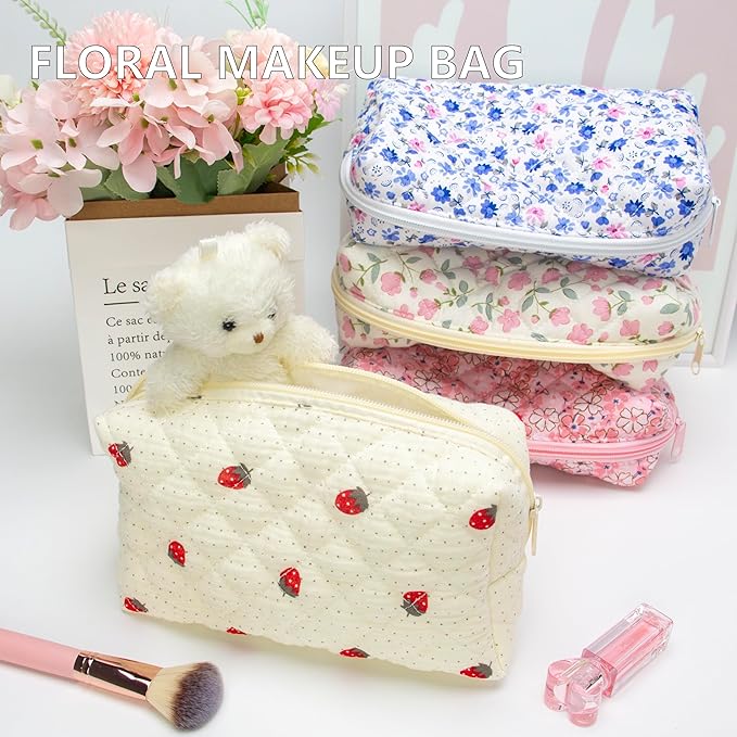 Small Quilted Makeup Bag,Zipper Cosmetic Pouch,Gauze Strawberry,6 Pack