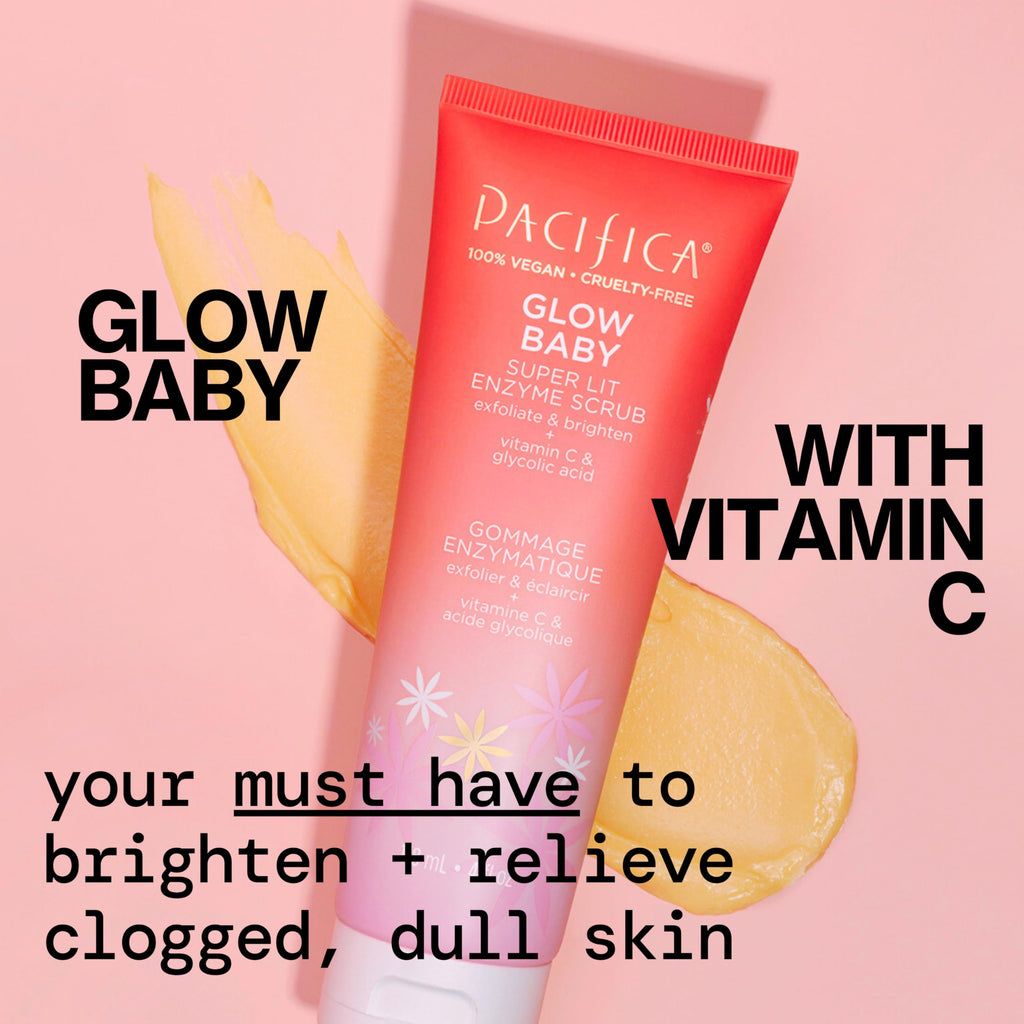 Pacifica Glow Baby Exfoliating Face Scrub, Brightening Enzyme Facial Cleanser w/Vitamin C & Glycolic Acid for Radiant Smooth Skin, Unclogs Pores & Removes Dead Skin, Microbead-Free Vegan (4 fl oz)