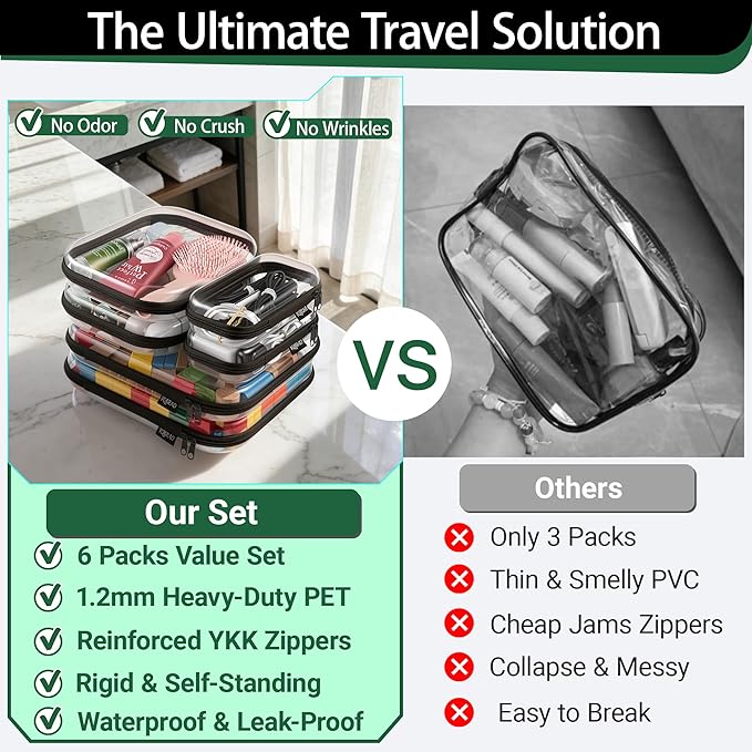 6 Pack Clear Hard Shell Zipper Case, See-Through Hard Plastic Organizer Pouches with Zipper for Travel, Toiletries, Makeup, Electronics & Pencils - Crush-Resistant Storage (Black)