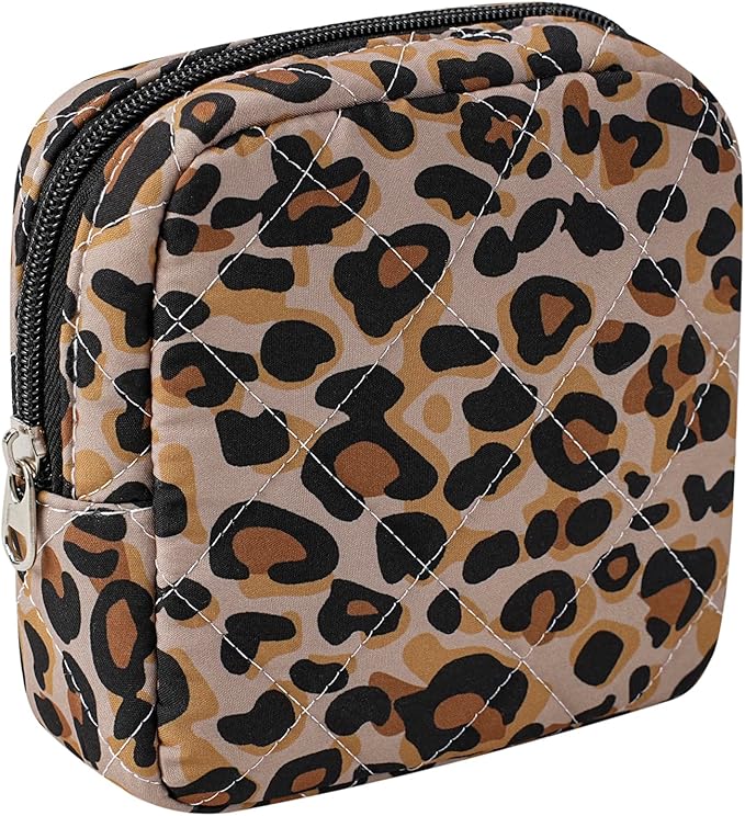 RSRSLEII Small Quilted Cosmetic Pouch for Purse, Mini Cotton Makeup Bag with Compartments, Cute Zipper Lipstick Holder for Women (22Leopard Print)