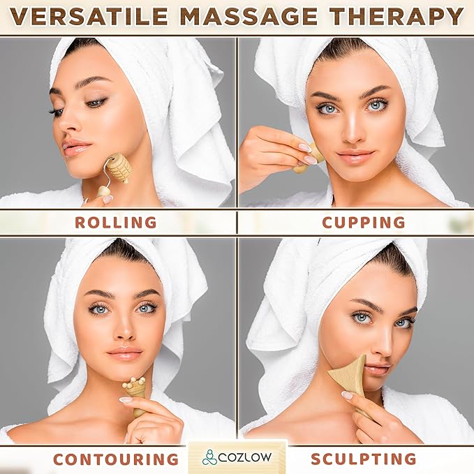 COZLOW Wood Therapy Facial Massage Tools (7 Piece Set), Gua Sha Wooden Face Massager Kit for Face Lifting, Lymphatic Drainage, Skin Care & Anti-Aging