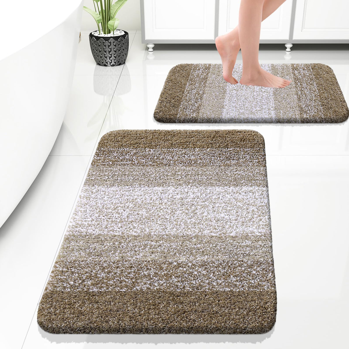OLANLY Micorfiber Bathroom Rug Set 2 Piece, Soft Bath Mats, Olive Green
