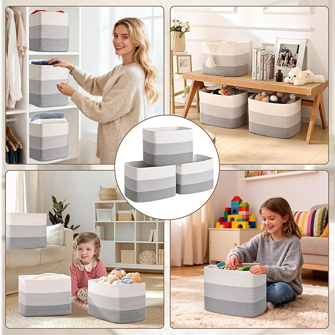 3 Pack Cube Storage Bin, 17”x12”x12” Cotton Rope Woven Baskets for Organizing Toys Clothes Towels, Square Gift Storage Baskets for Shelf, Nursery, Closet, Bathroom, Pantry (3-Tone Gray)