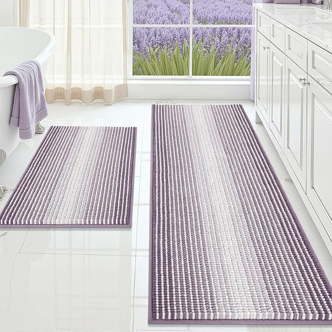 Bathroom Rugs and Mats Sets, 2 Piece Thick Absorbent Chenille Bath Mat Rug Set Non Slip, Soft Shaggy Bath Room Floor Mats for Bathroom, Machine Washable (Lavender Purple, 20" x 60" Plus 20" x 32")