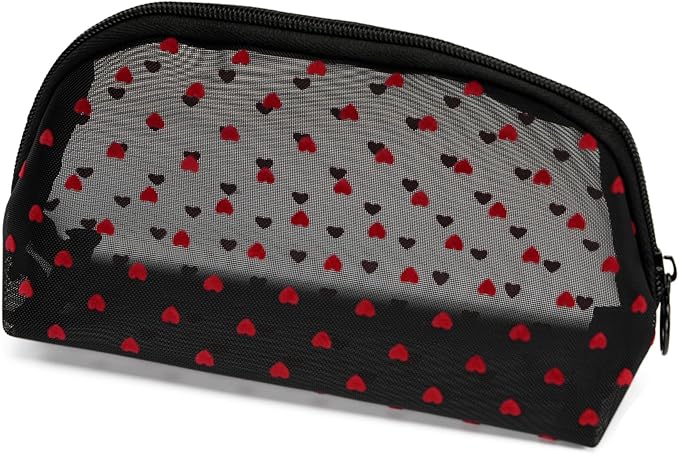 TOPASION Portable Mesh Makeup Bag with Zipper Small Travel Toiletry Bag Lightweight Cosmetic Pouch (Black&Red Heart Half Round)