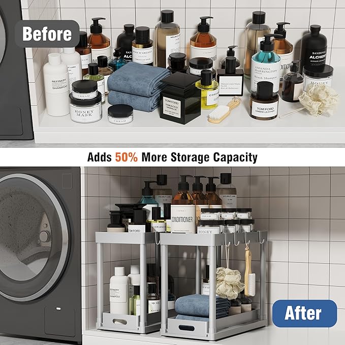 POUGNY 2 Pack Pull-Out Storage Organizers, Under Sink Organizer and Storage for Bathroom & Kitchen,Multi-Purpose Under Cabinet Organizers and storage Black