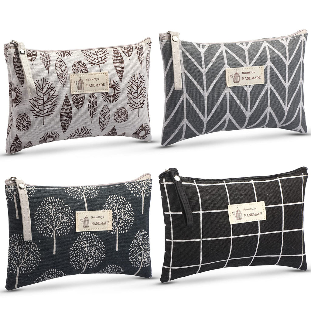 Boao 4 Pcs Canvas Cosmetic Pouches for Purse Makeup Bags Set Small with Zipper Cute Multi Functional Toiletry Travel Organizer for Back to School Women Gift, 4 Styles(Big,Arrow, Plaid, Tree, Leave)