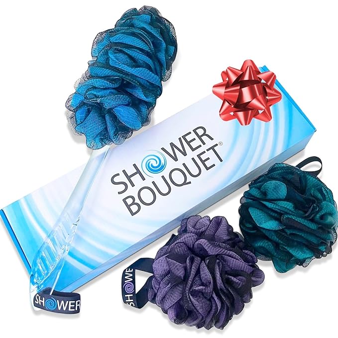 SHOWER BOUQUET Color-Charcoal Back-Loofah-with-Handle & 2 Bath Sponge Set