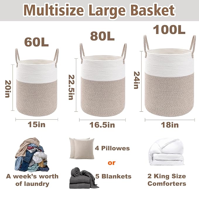 JMvicyroam Large Woven Laundry Basket Hamper,80L Cotton Rope Storage Bin for Blankets,Toys and Clothes,Decorative Tall Nursery Hamper for Living Room,Baby Nursery,Bathroom and Bedroom,Brown
