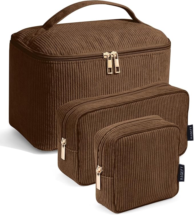 MAGEFY Makeup Bag, 3 Pcs Cosmetics Bag Large Capacity with Handle Make Up Bag for purse Corduroy Bag Pouch for Purse Organizer Bag-Brown