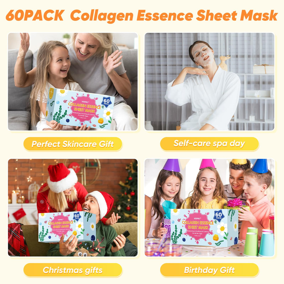 60 Pack Bulk Collagen Facial Masks, Moisturizing Face Masks for Women