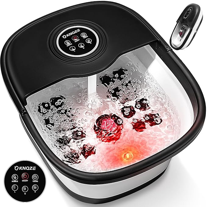 KNQZE Collapsible Foot Spa Bath with Heat & Remote Control, Bubble Massage, Temperature Control, Red Light, Timer, 16 Rollers & Pumice Stone for a Soothing Spa Experience