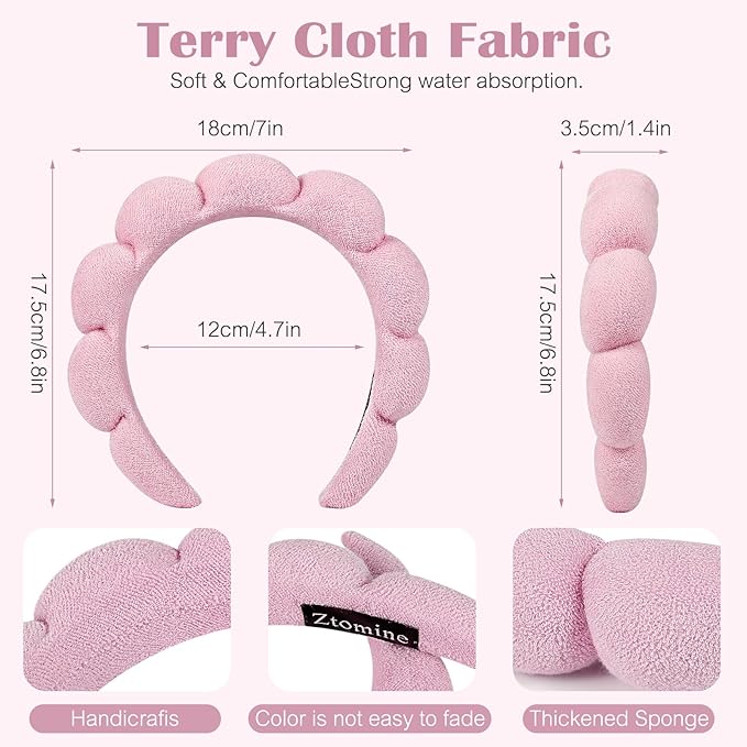 Ztomine Spa Headbands, Set of 2, Terry Cloth Headband Face Wash Headband Combo Pack - Puffy Makeup Headbands for Face Washing, Mask (Dark khaki + pink)