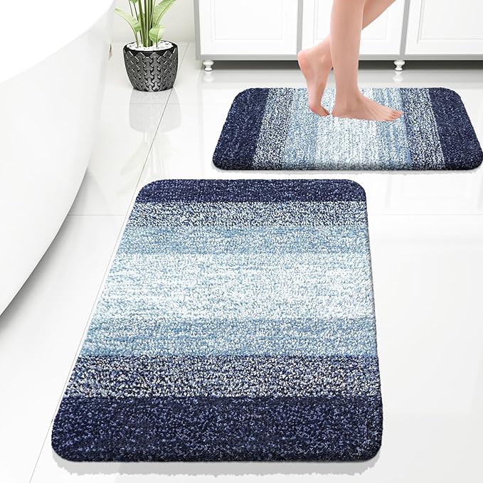 OLANLY Bathroom Rug Set 2 Piece, Soft Absorbent Microfiber Bath Rug Set, Non-Slip, Machine Wash Dry, Plush Shaggy Bath Mats for Bathroom (30"x20"+24"x16", Airy Blue)