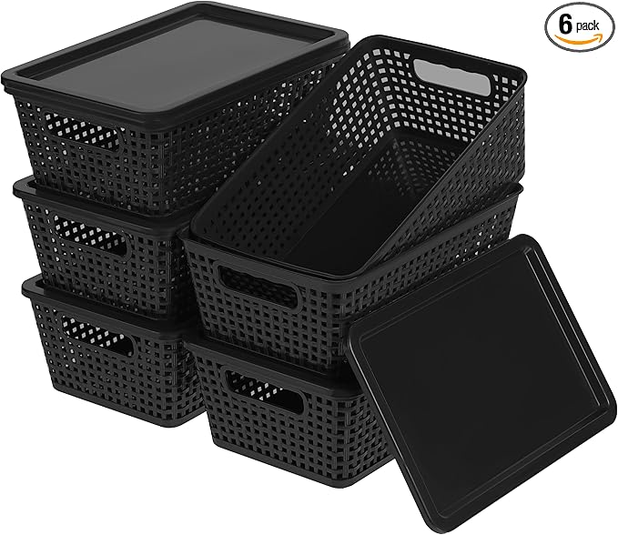 Anywish Plastic Storage Baskets With Lid, Storage Bins for Organizing, Stackable Decorative Containers for Shelves Drawers Desktop Closet Playroom Classroom Office, 6 Pack-Black