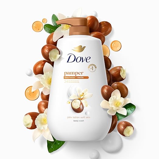 Dove Body Wash with Pump Pamper Shea Butter & Vanilla for 24hr Lotion-Soft Skin Moisturizing Skin Cleanser with No Sulfates No Parabens 30.6 oz,(Pack of 2)